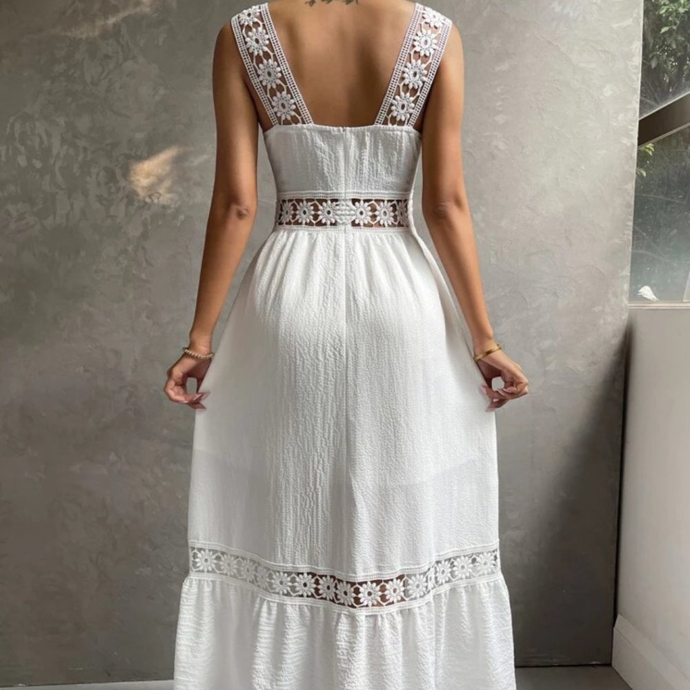 White Lace Insert Ruffle Hem Dress - Picture 6 of 6